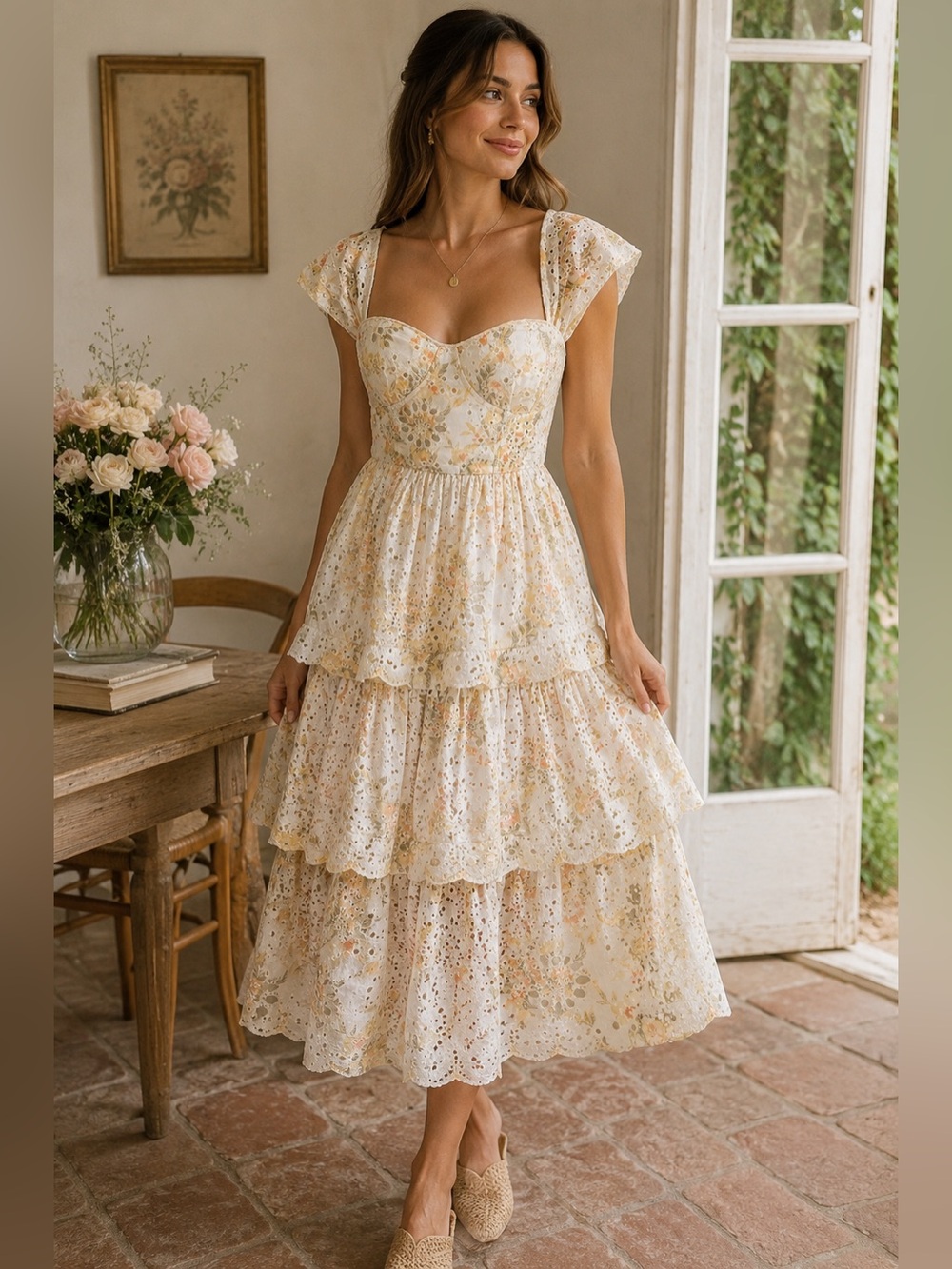 Sofie the Label M Floral Eyelet Tiered Midi Dress Cottagecore wedding guest